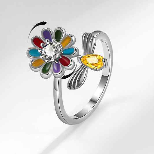 Flower Bee Anxiety Fidget Spinner Ring in Solid Copper