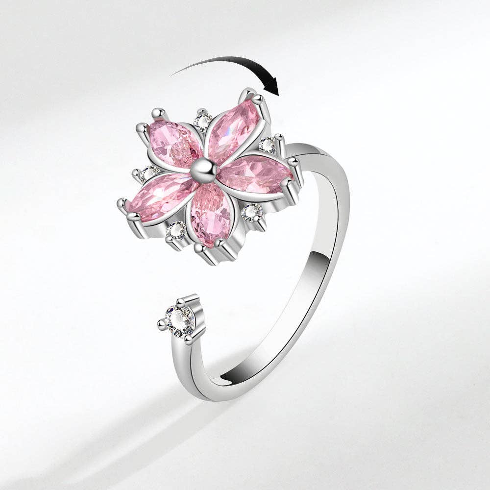 Cherry Blossom Flower Fidget Spinner Ring in Solid Copper: Silver