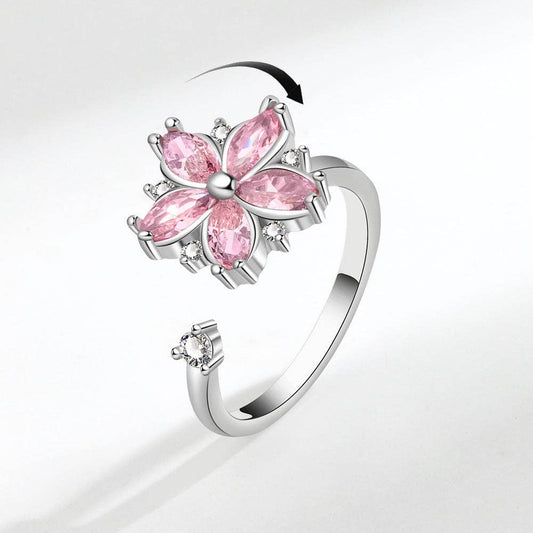 Cherry Blossom Flower Fidget Spinner Ring in Solid Copper: Silver