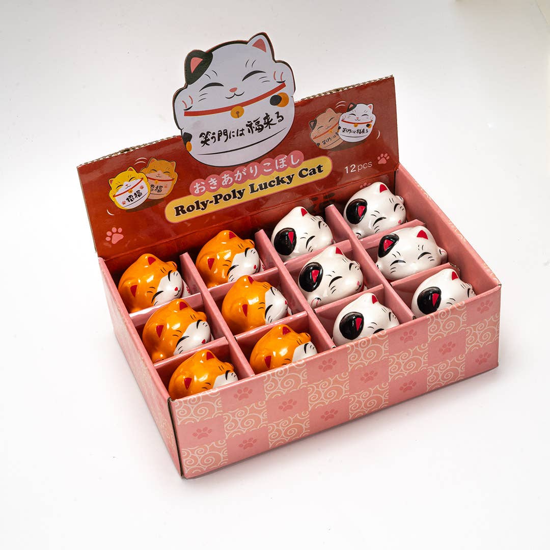12 Piece Maneki Neko Lucky Cat Roy Poly Tumbler Figurines 2"H (1/24)