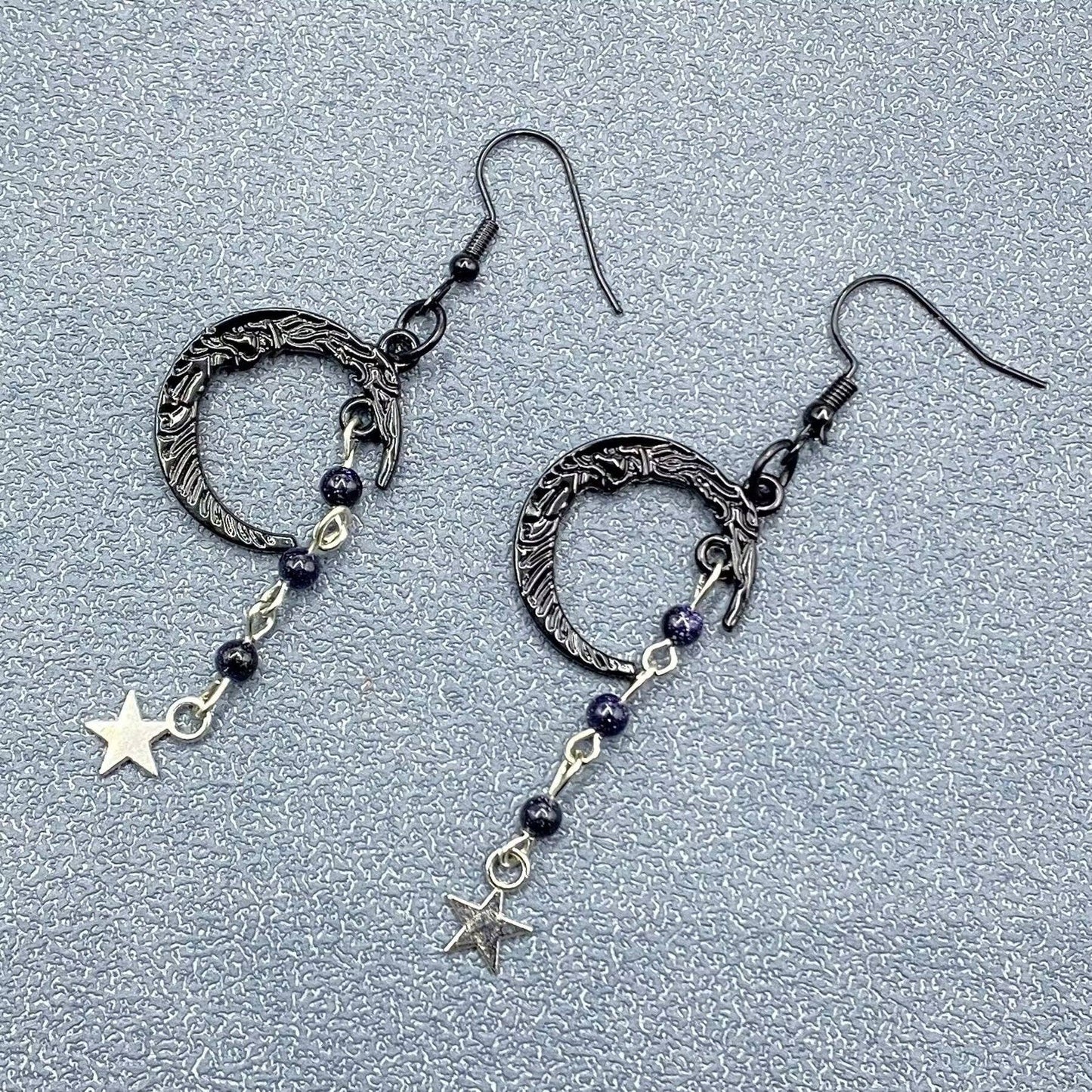 Gothic Black Moon Beaded Fringe Dangle Earrings - GT/MS: Purple