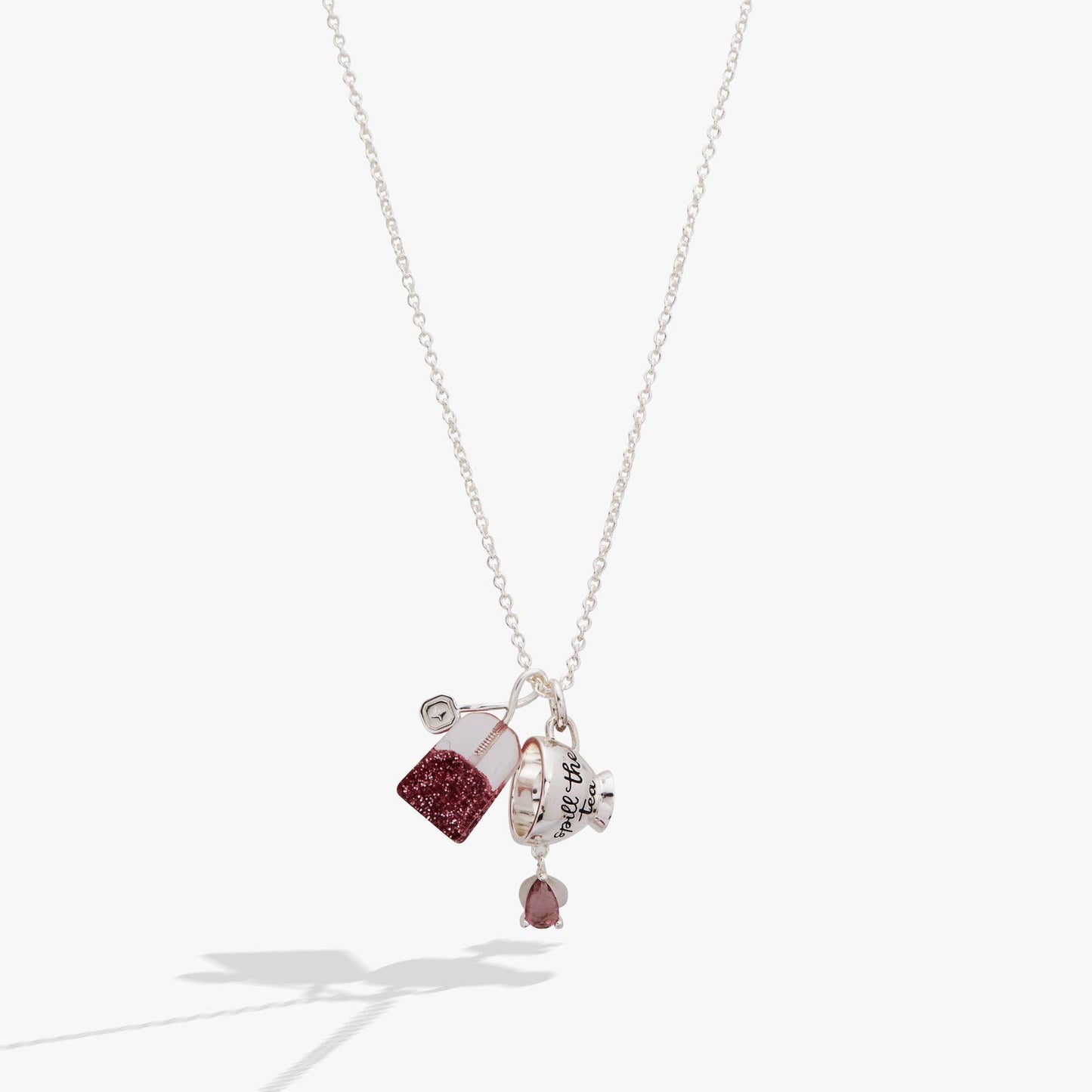 Necklace - 'Spill the Tea' Cup & Tea Bag Charm Pendant Necklace: Silver