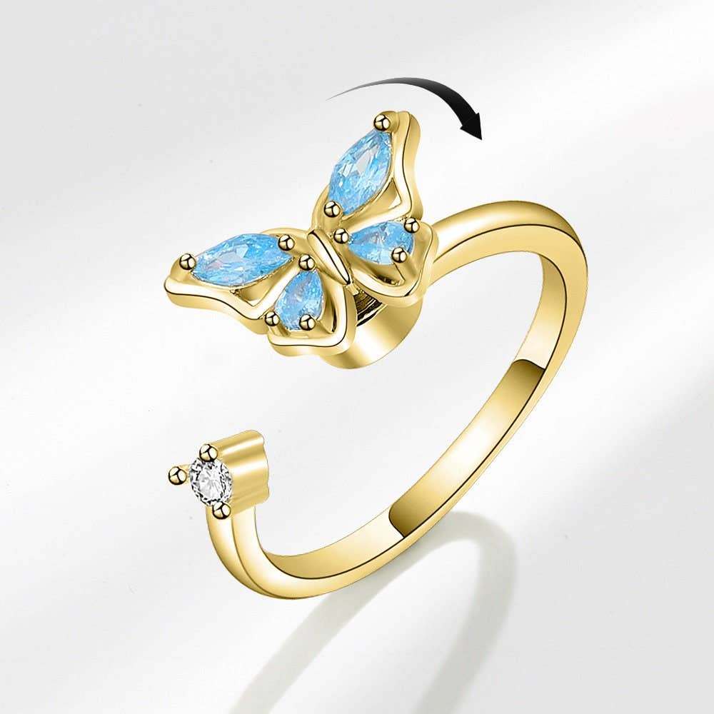Butterfly Anxiety Fidget Spinner Ring in 925 Sterling Silver: Gold/Blue / Solid Copper