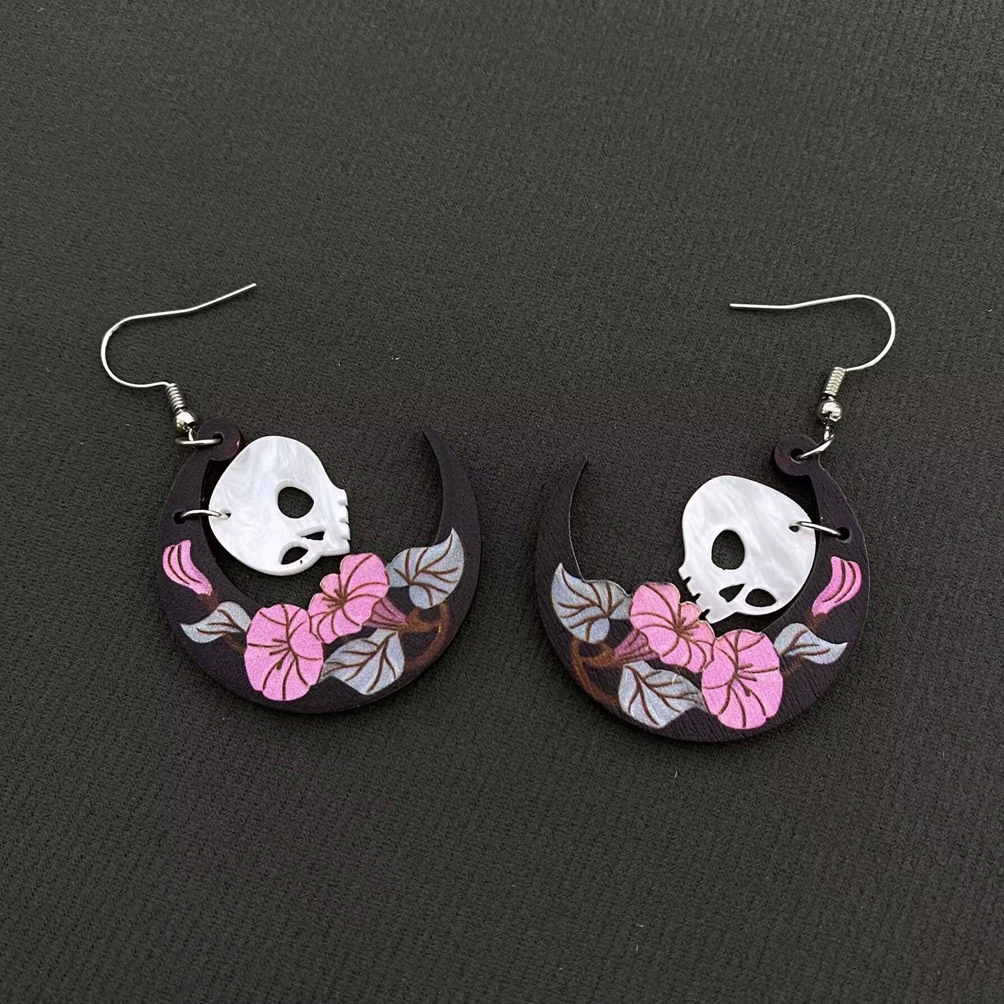 Halloween Flower Crescent Moon Skull Wooden Earrings