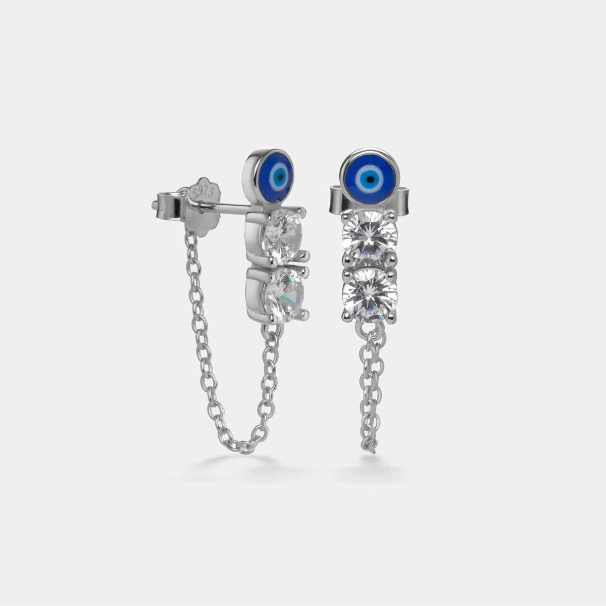 Blue Evil Eye Chain Stud Earrings in 925 Sterling Silver: Silver