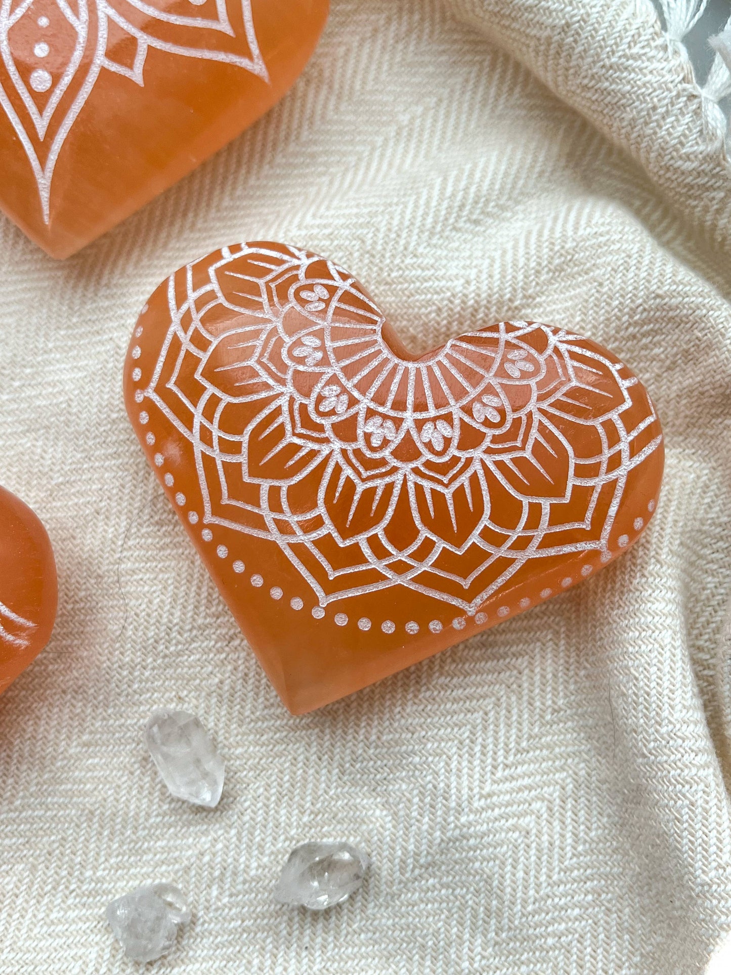 Peach Selenite - Engraved Heart Small (~2") / Om Mandala