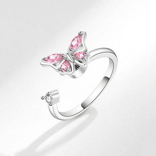 Butterfly Anxiety Fidget Spinner Ring in 925 Sterling Silver: Silver/Pink / Solid Copper