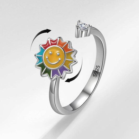 Smiley Sunflower Anxiety Fidget Spinner Ring in Solid Copper