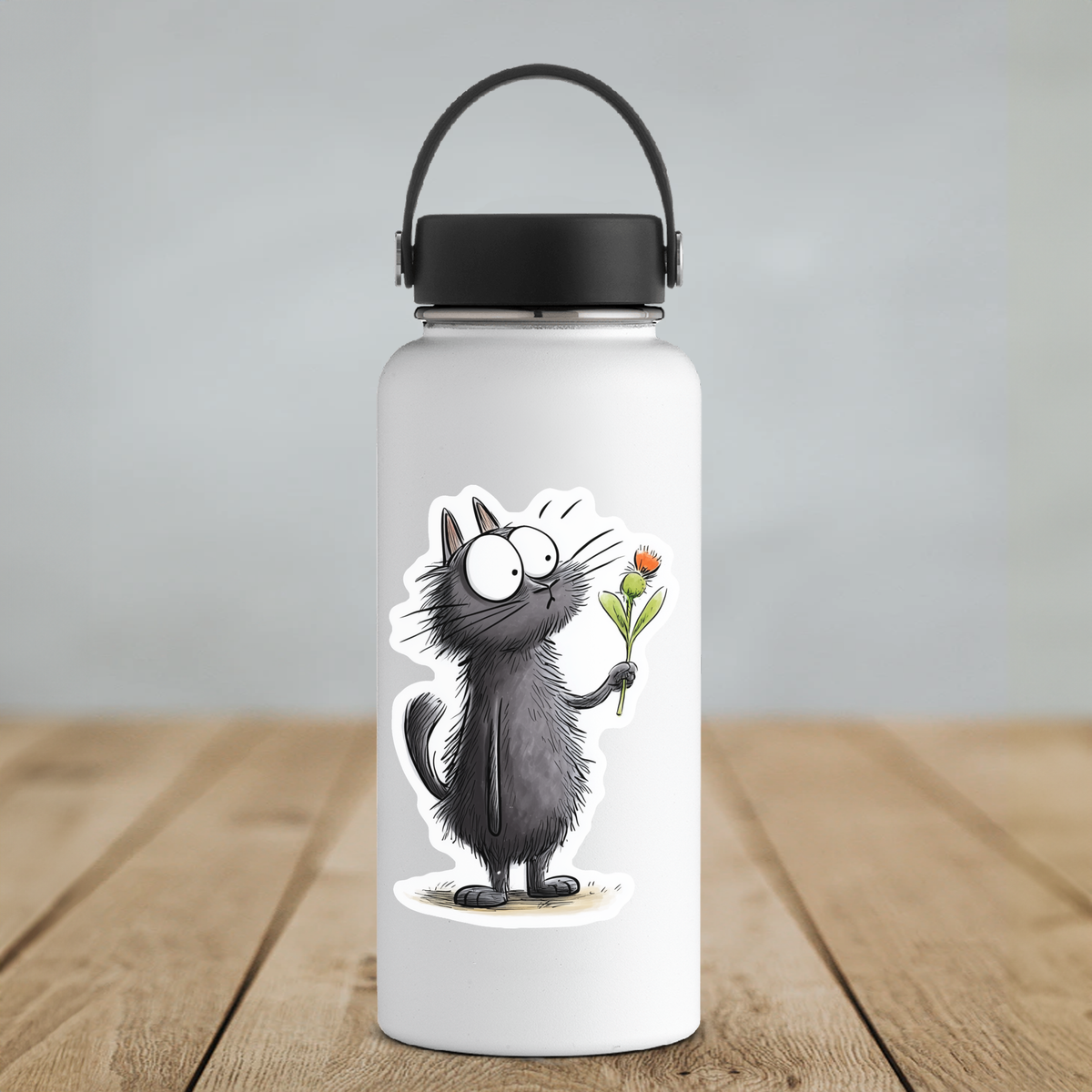 Cute Black Cat with Flower Sticker: 3" tall