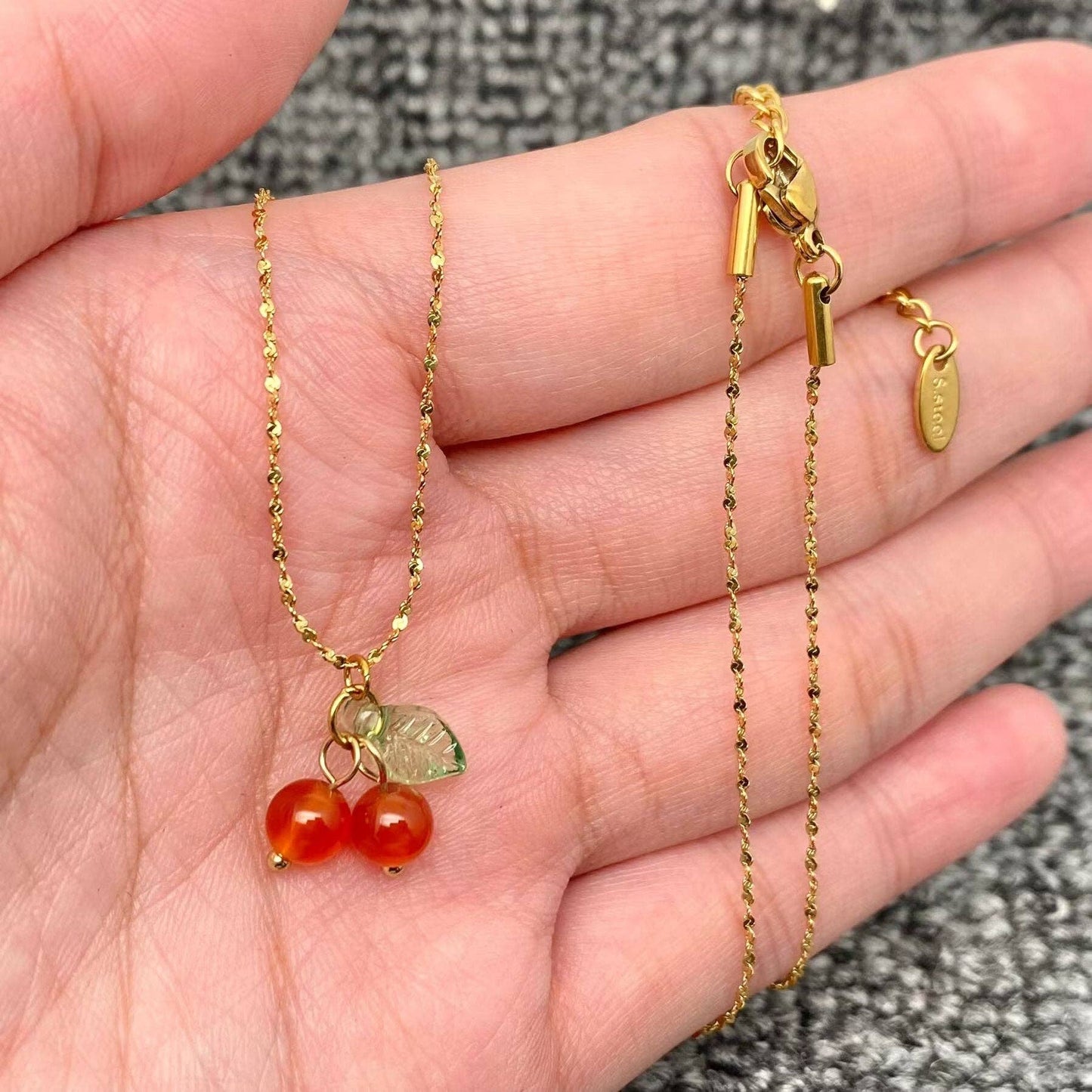 Carnelian Cherry Charm 18K Gold Plated S.Steel Necklace