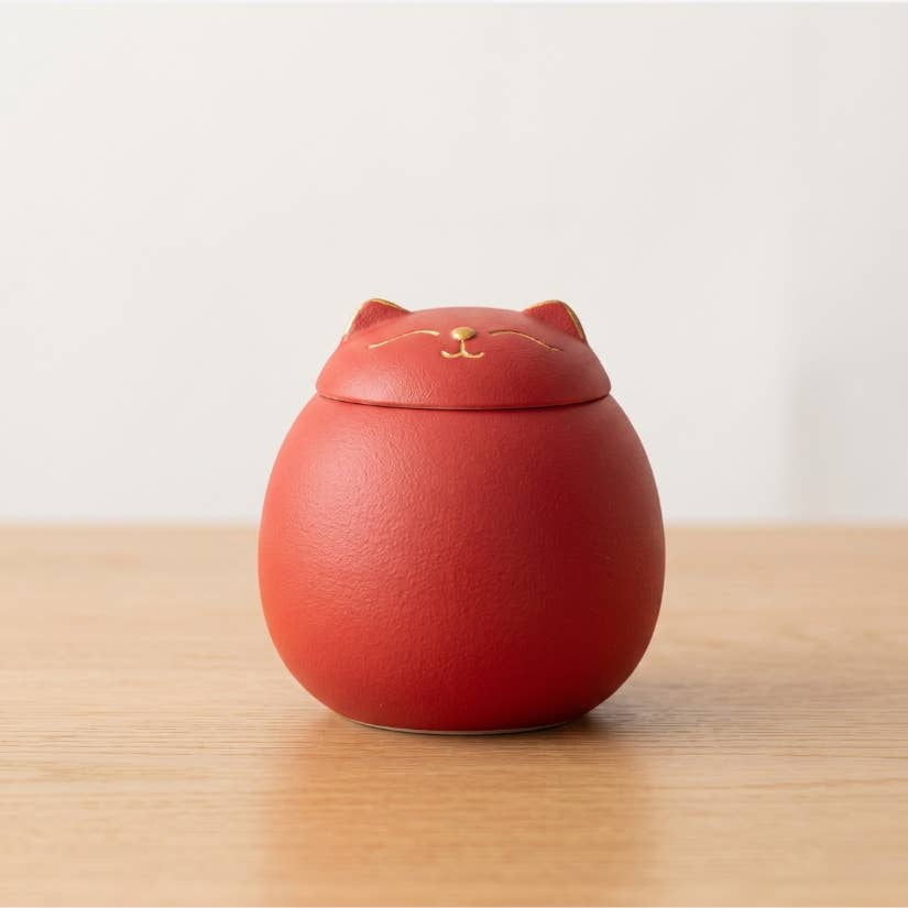Ceramic Lucky Cat Tea Canister - Red