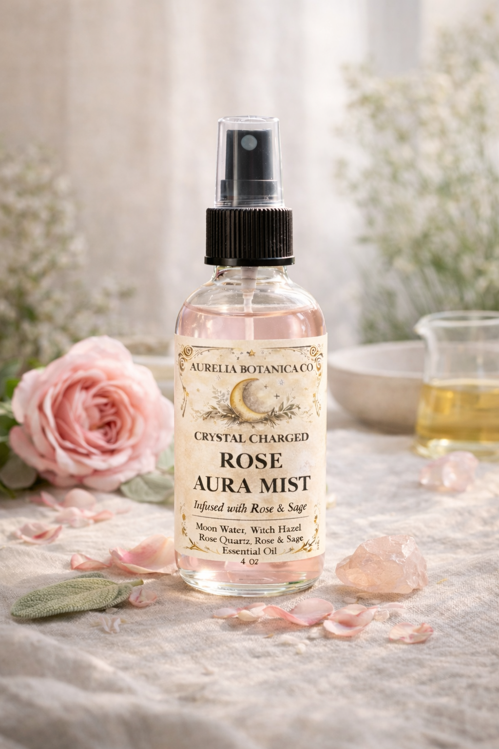 Rose & Sage Moon Water | Crystal Infused Aura Mist for Cleansing, Protection & Heart Healing | Full Moon Ritual Spray | Energy Clearing Botanical Mist: 2 fl oz