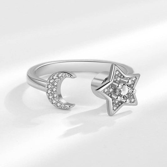 Silver Moon Star Anxiety Fidget Spinner Ring in Solid Copper