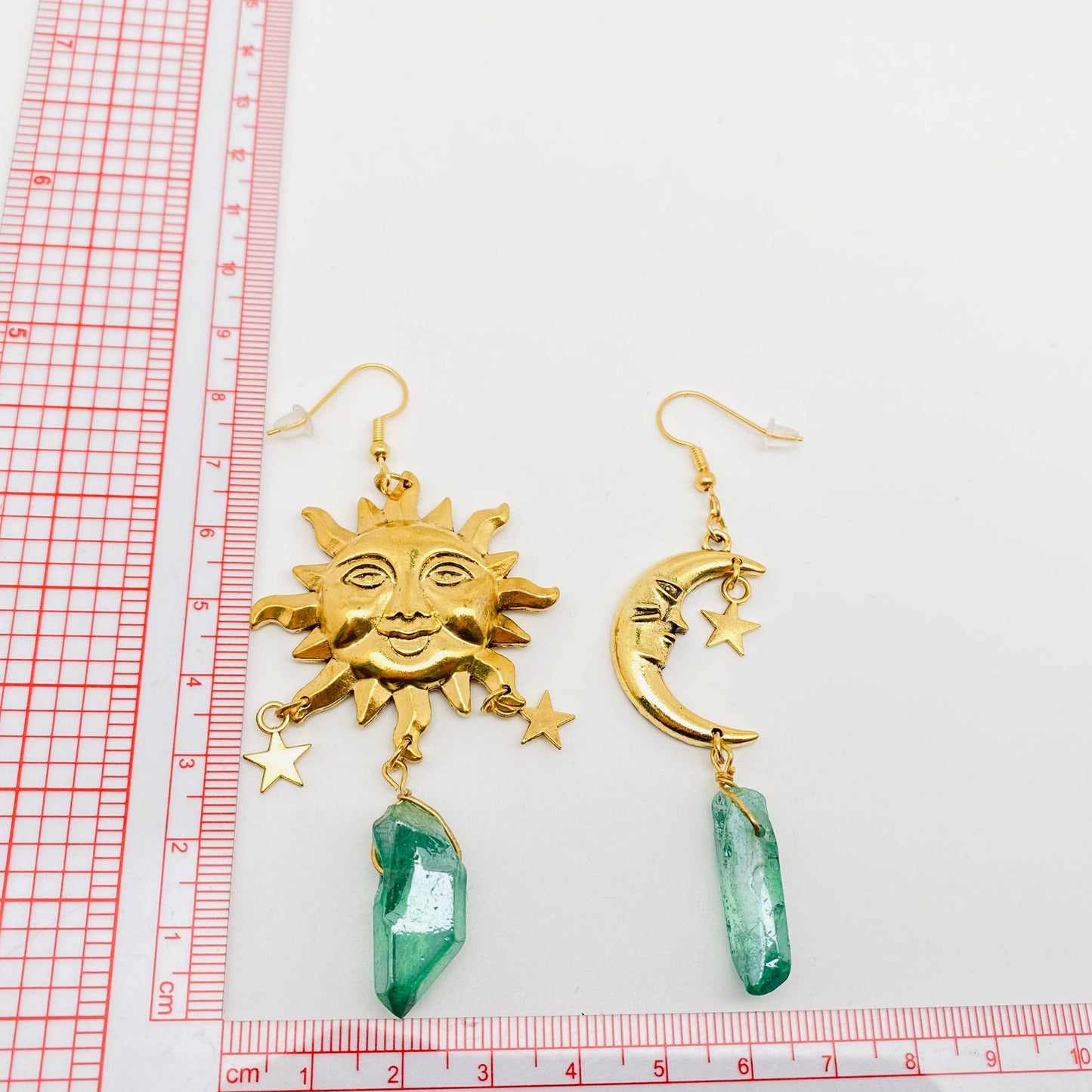 Asymmetric Sun and Moon Green Crystal Pendant Earrings - MS: Earrings