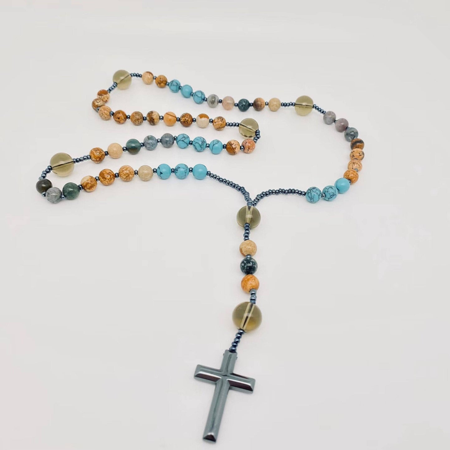 Rosary Like - Picture Stone Cross Pendant Necklace