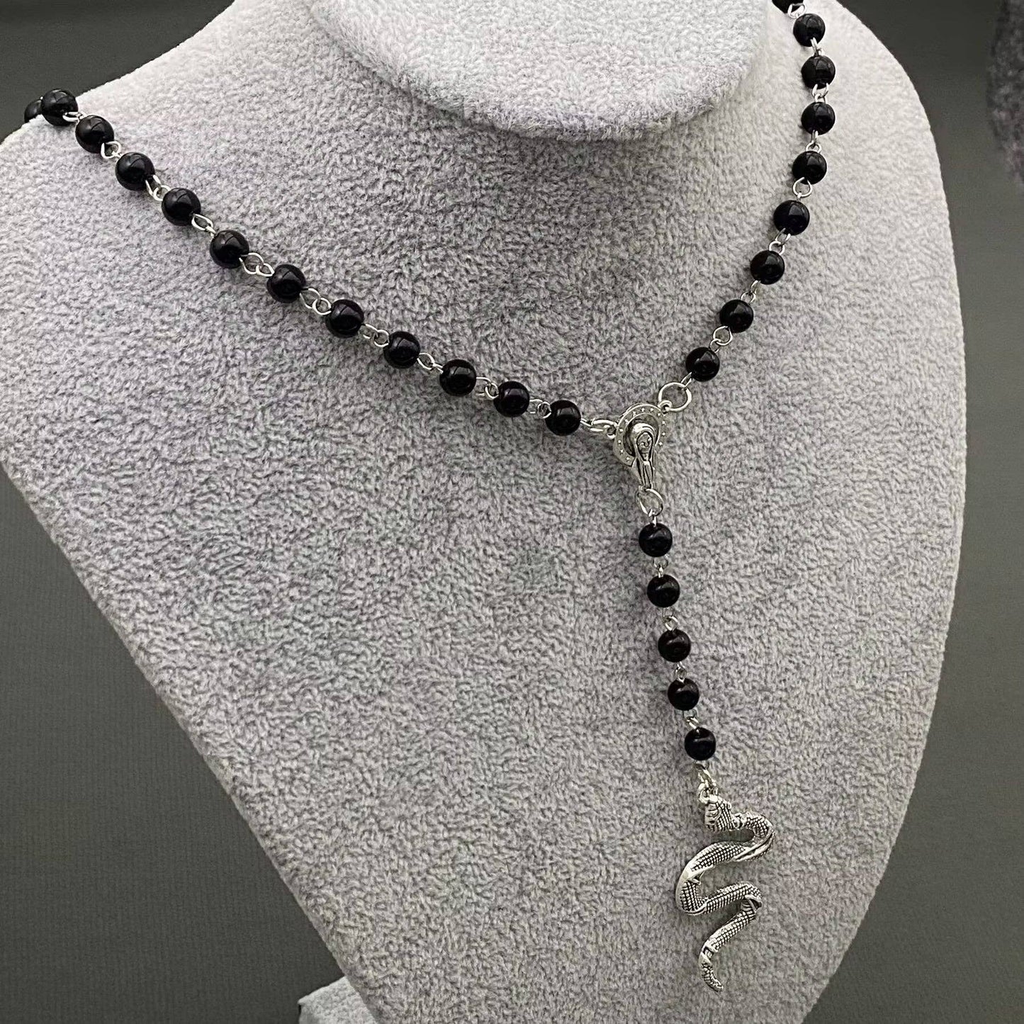 Snake Pendant Black Glass Beaded Y-shaped Necklace
