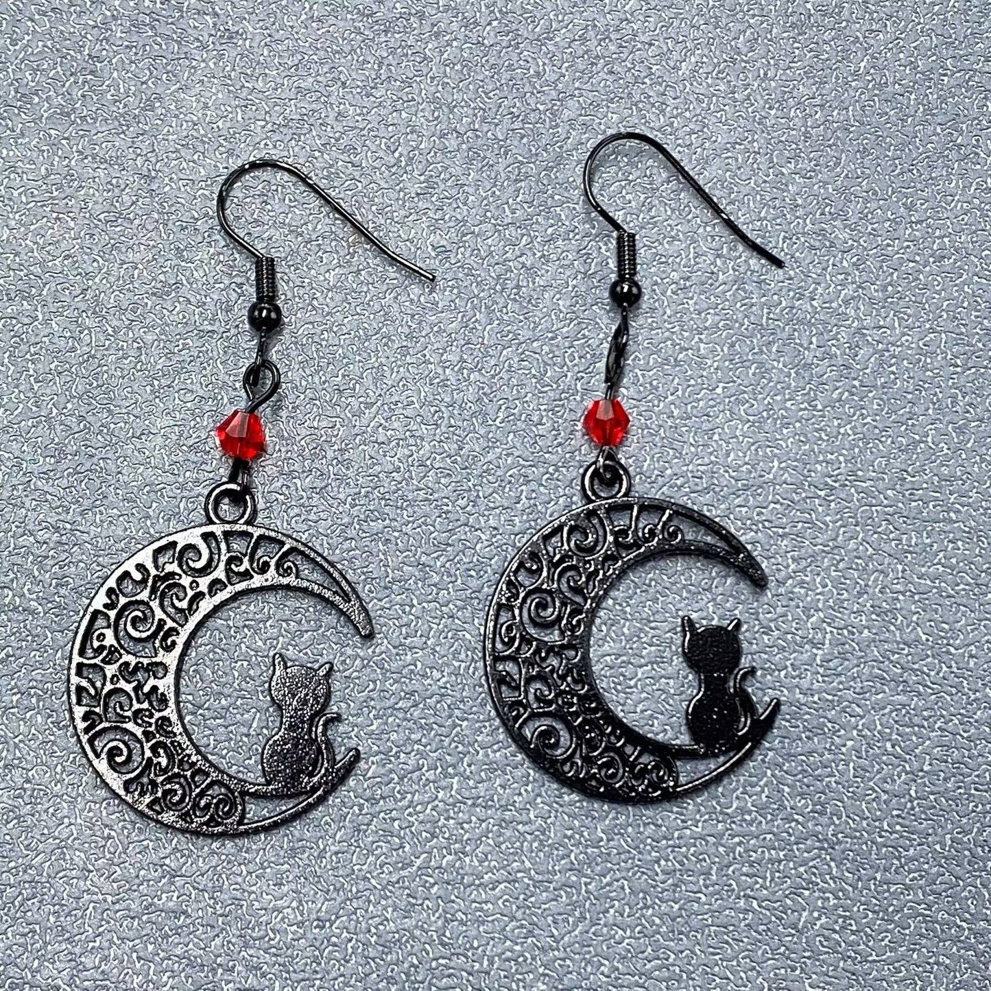 Earrings - Goth Black Cat on the Moon Dangle