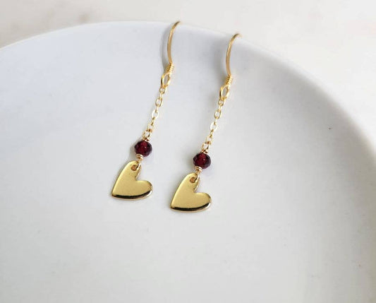 Gold Heart Charm Chain Earrings (Multiple Colors): Garnet