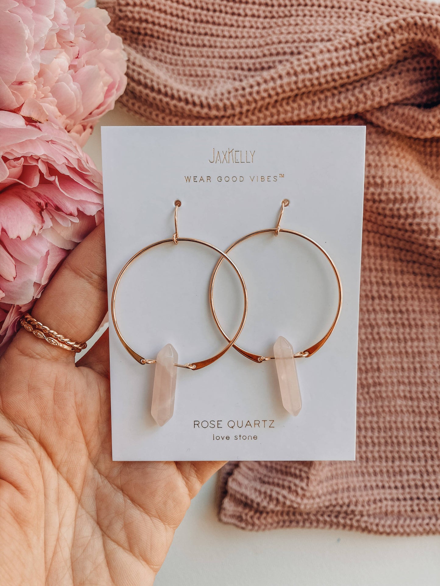 Earrings - JaxKelly Hoops - Rose Quartz - Gold Plated