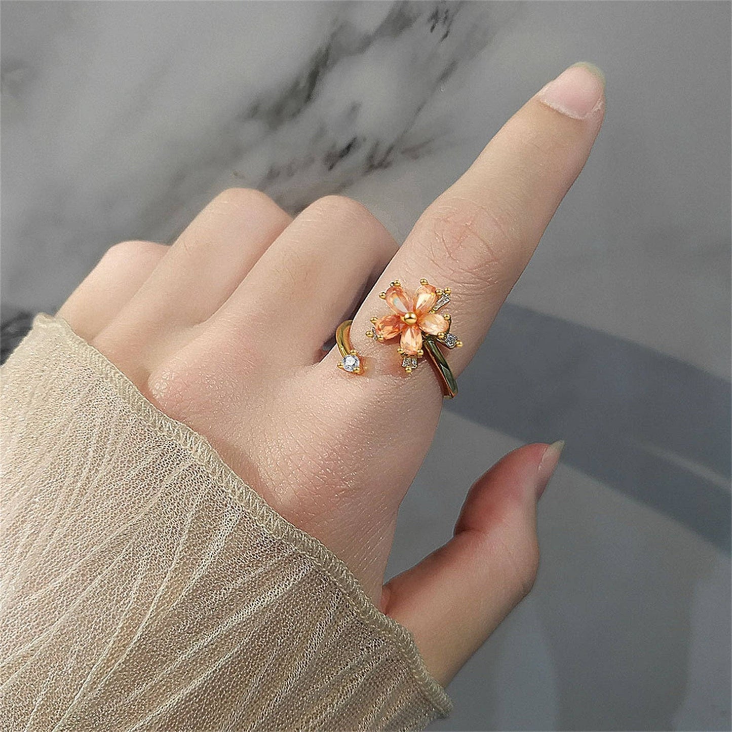 Orange Flower Anxiety Fidget Spinner Ring in Solid Copper: Silver