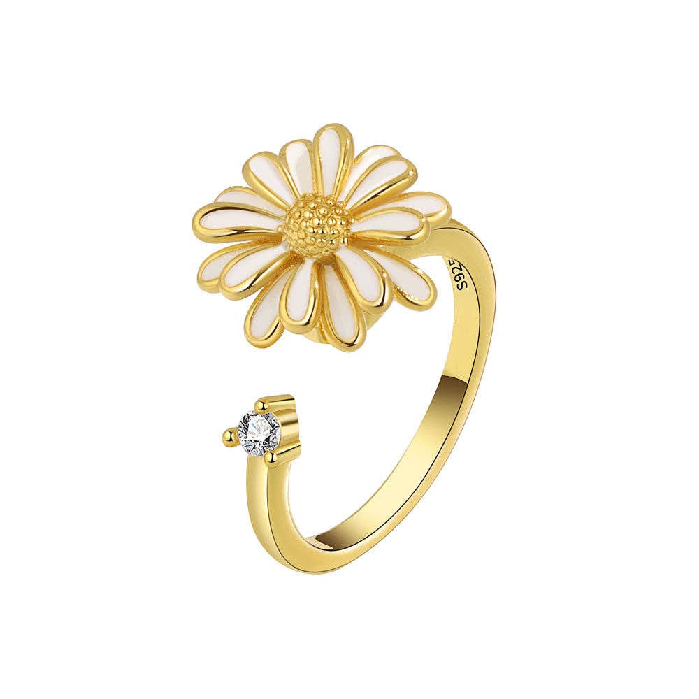 White Daisy Flower Anxiety Fidget Spinner Ring in Solid Copper
