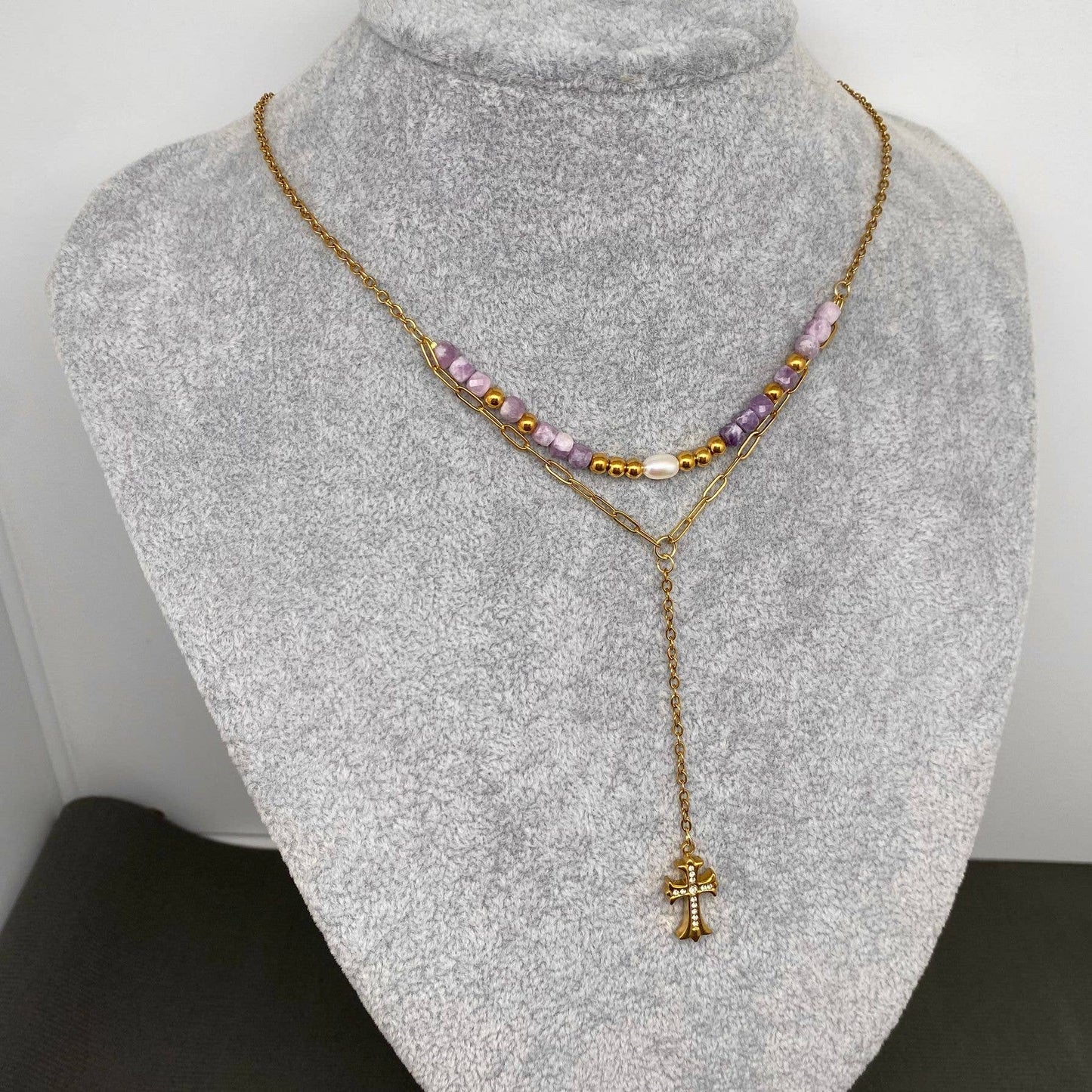CZ inlaid Cross 18K Gold Plated S.Steel Y-neck Necklace -FGS