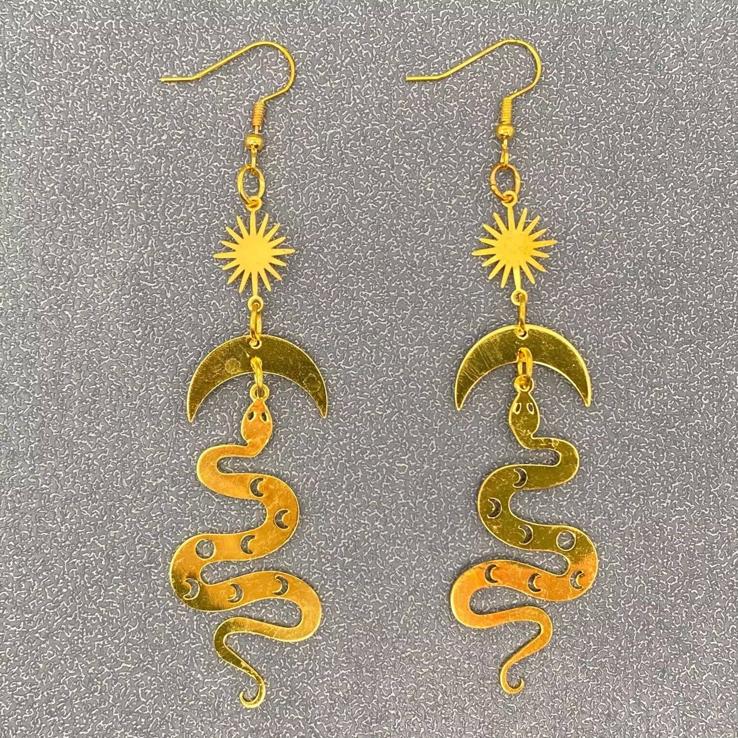 Star Moon Snake Linked Golden Dangle Earrings - MS