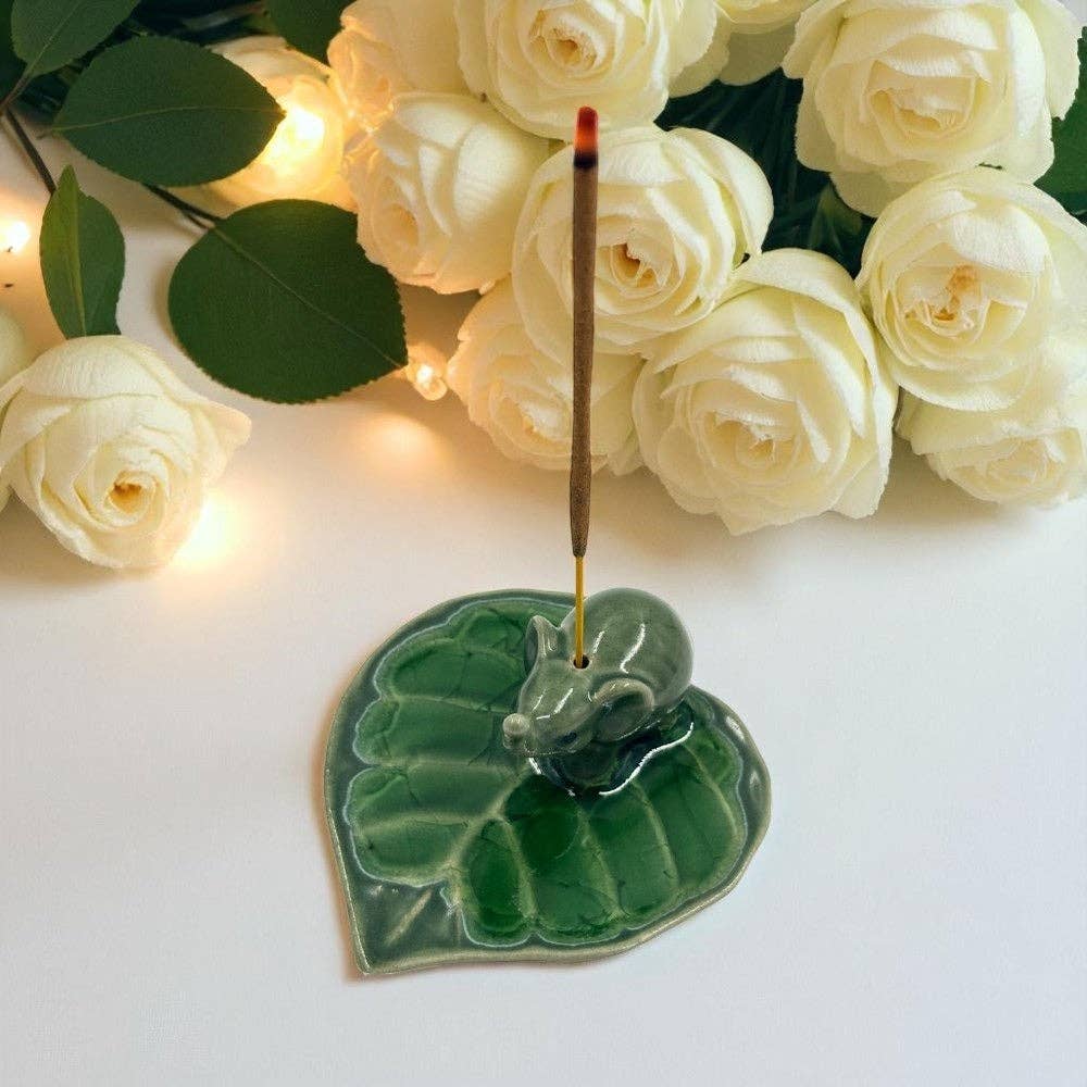 Elephant on Leaf Ceramic Incense Holder - Assorted