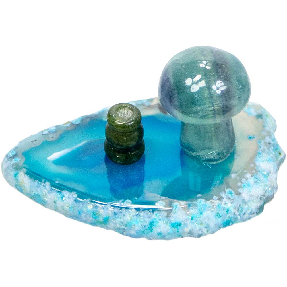 Agate Slice Incense Holder w/ Gemstone Mushroom - Asstd: Agate