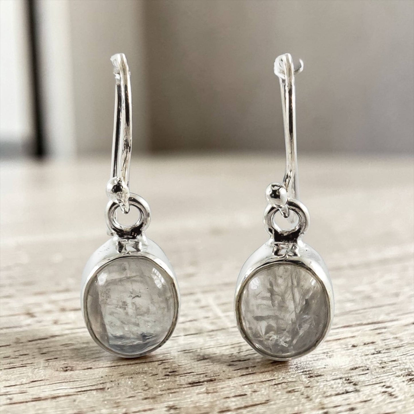Rainbow Moonstone Sterling Silver Dangling Earrings Oval