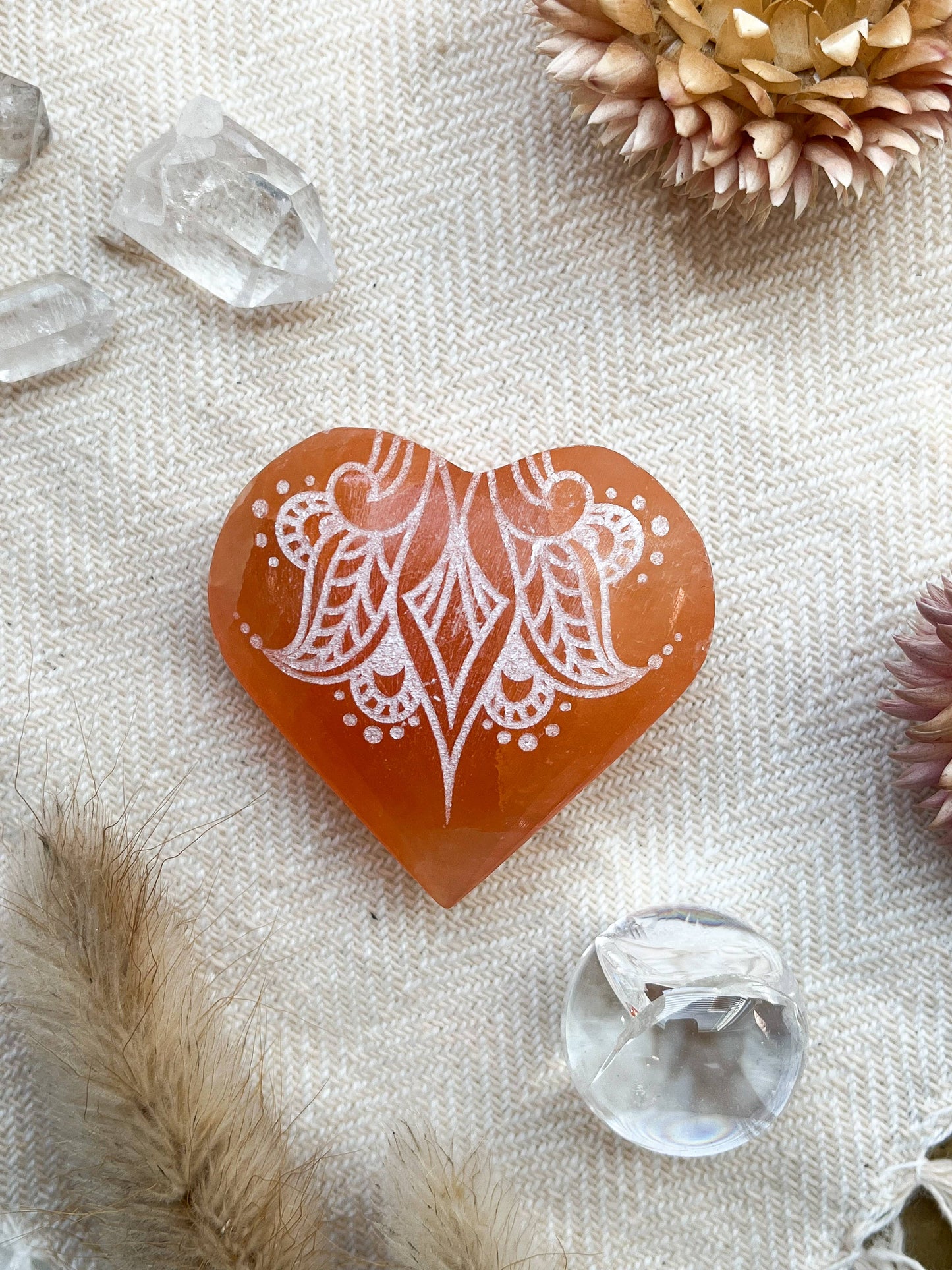 Peach Selenite - Engraved Heart Small (~2") / Om Mandala