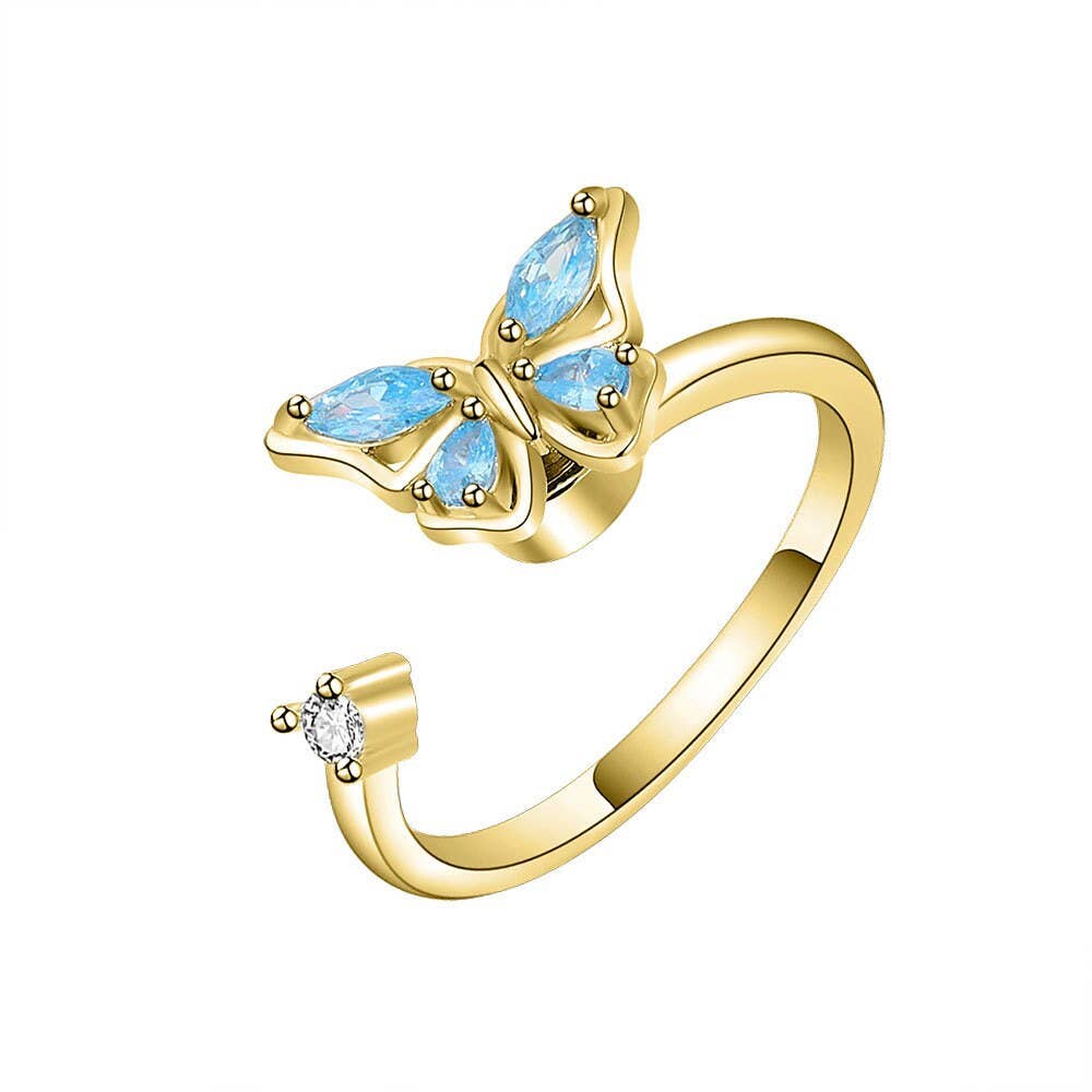 Butterfly Anxiety Fidget Spinner Ring in 925 Sterling Silver: Gold/Blue / Solid Copper