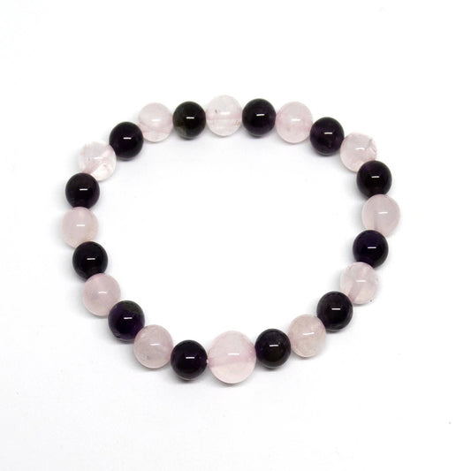 Rose Quartz & Amethyst Beaded Bracelet - Wrist Mala - 8mm