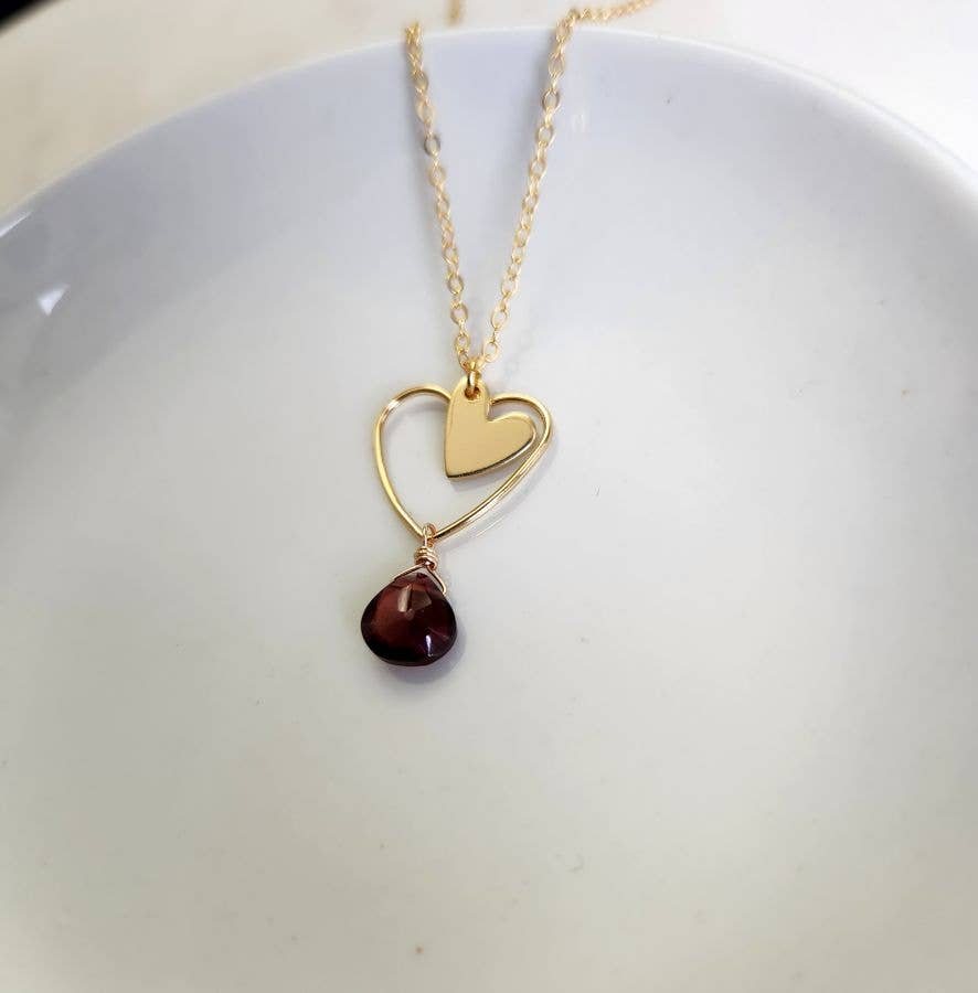Garnet Heart Outline and Charm Necklace