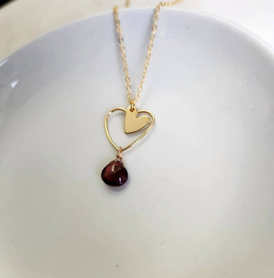Garnet Heart Outline and Charm Necklace