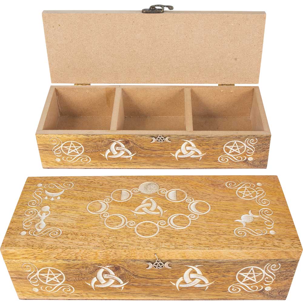 Laser Engraved Wood Compartment Box - Pagan Moon Phases