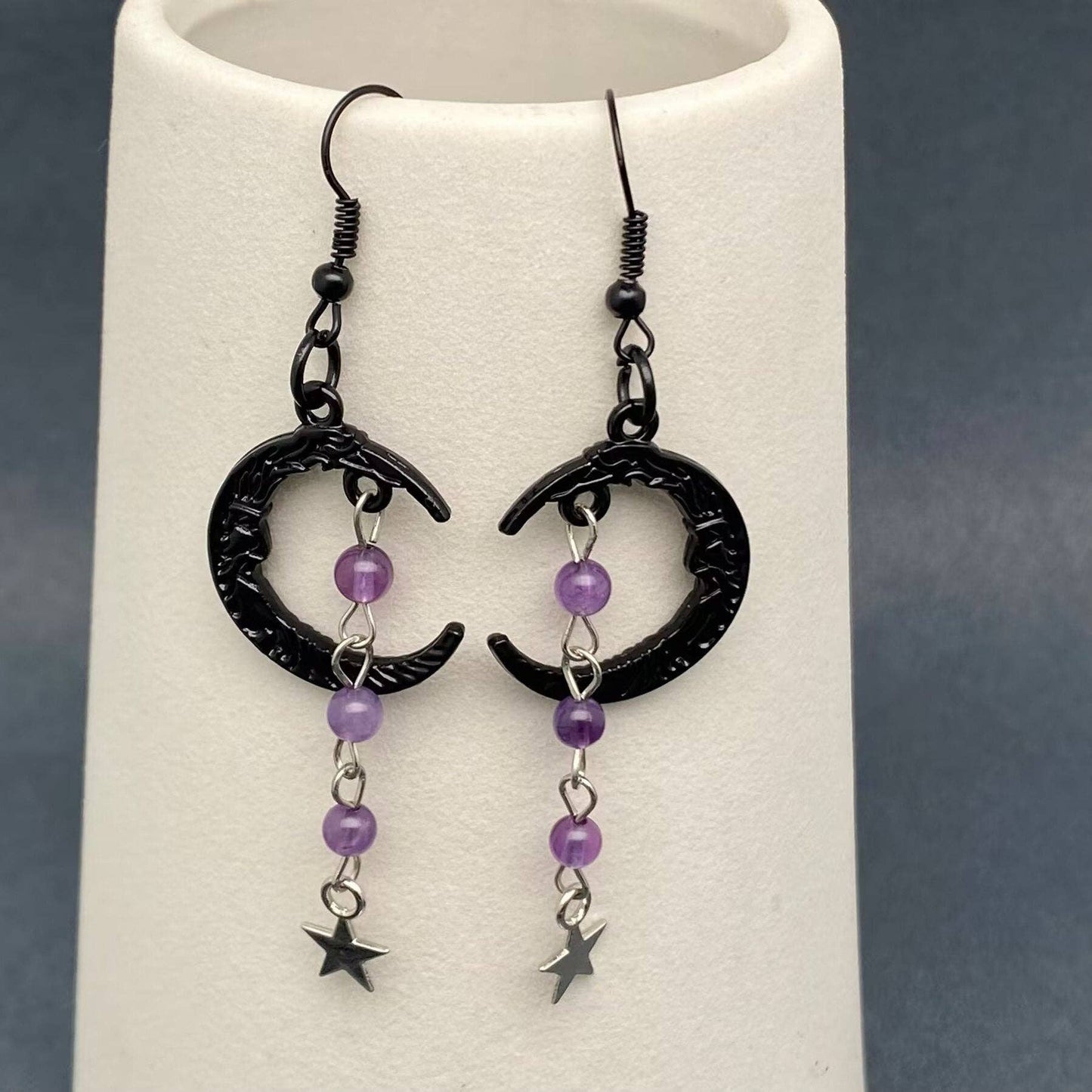 Gothic Black Moon Beaded Fringe Dangle Earrings - GT/MS: Purple