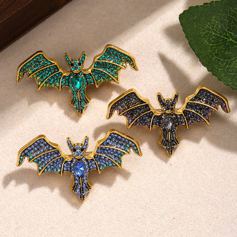 Vintage Rhinestone Devil Bat Brooch: Black