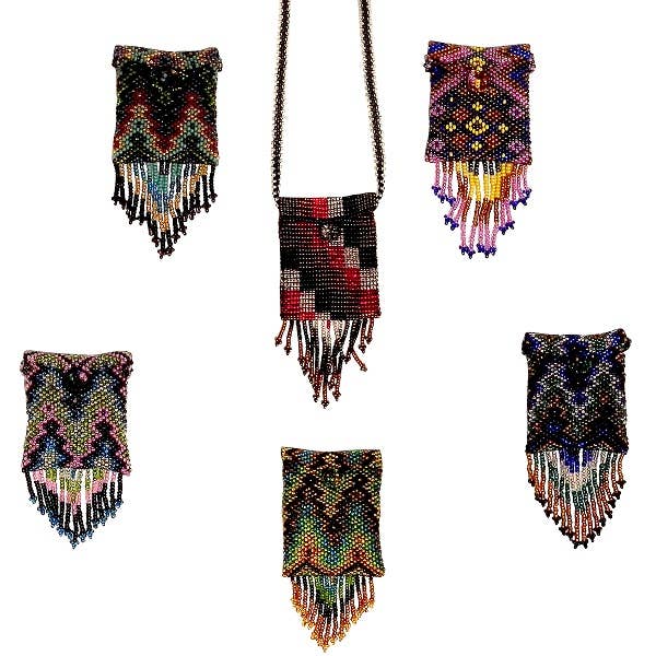 Square Beaded Seed Bead Fringe Medicine Pouch Necklace Bag