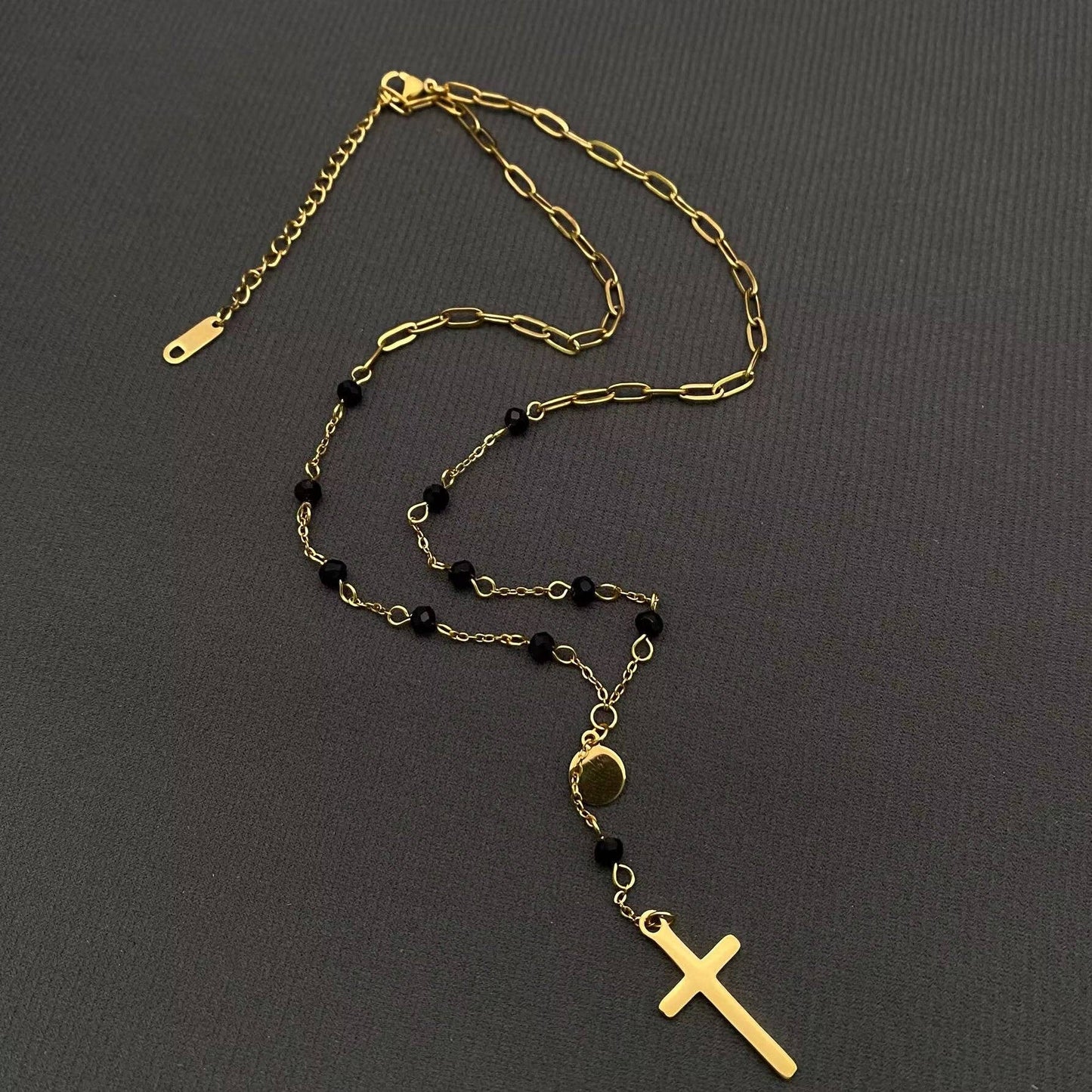 Cross Charm Black Glass Beaded Necklace