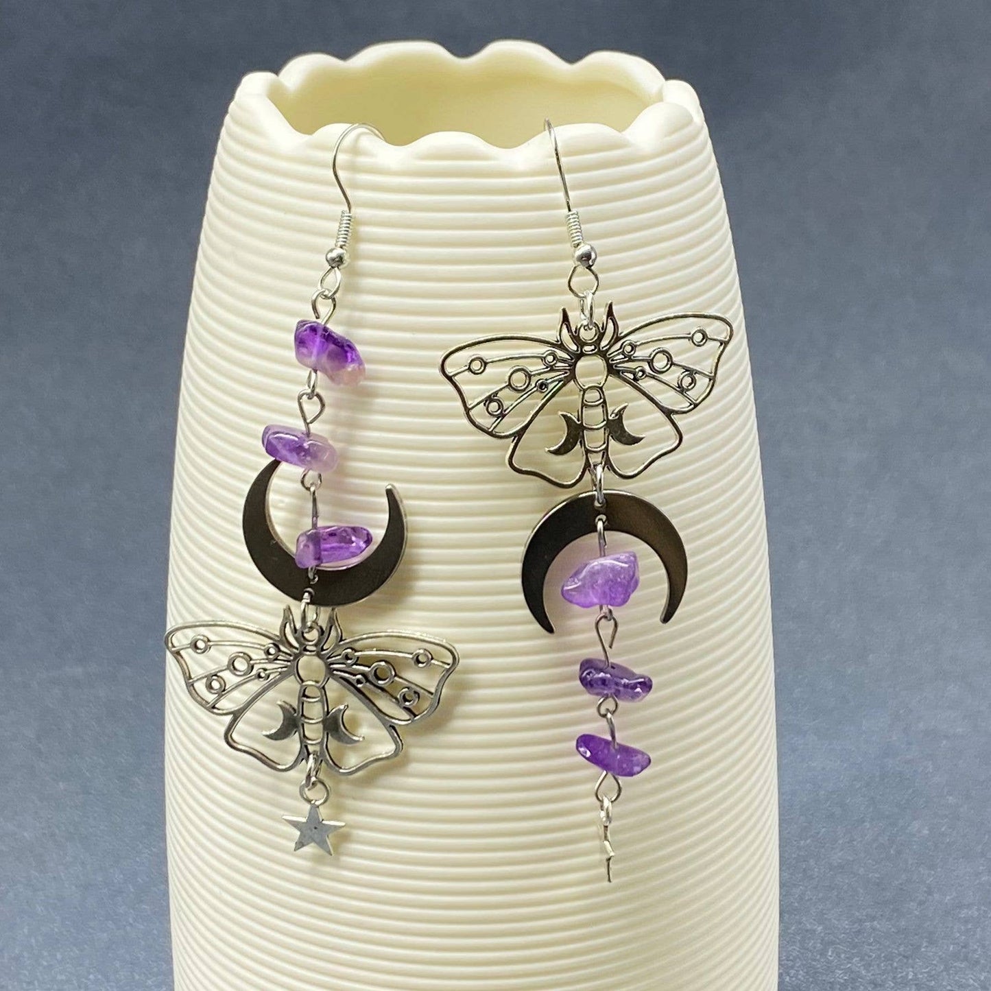 Earrings - Asymmetric Moon Moth Dangle