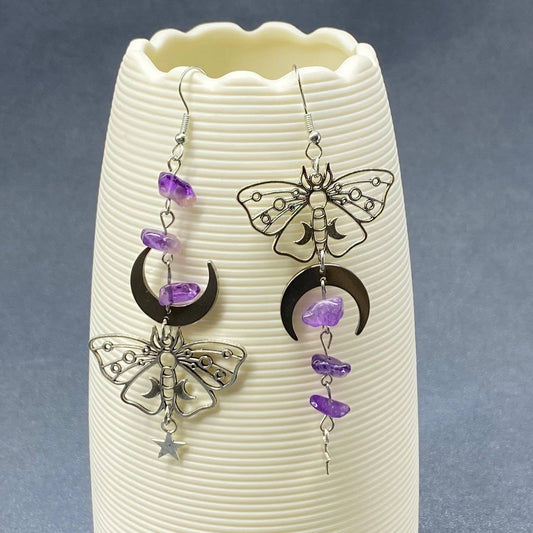 Earrings - Asymmetric Moon Moth Dangle