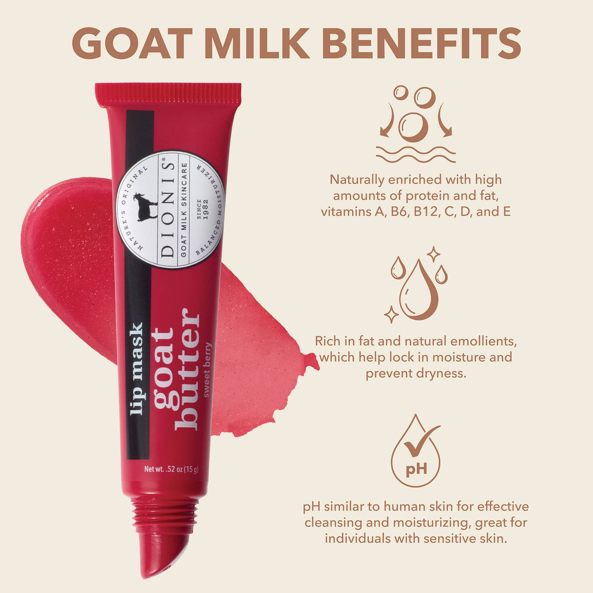Dionis Sweet Berry Goat Butter Lip Mask, .52 oz.