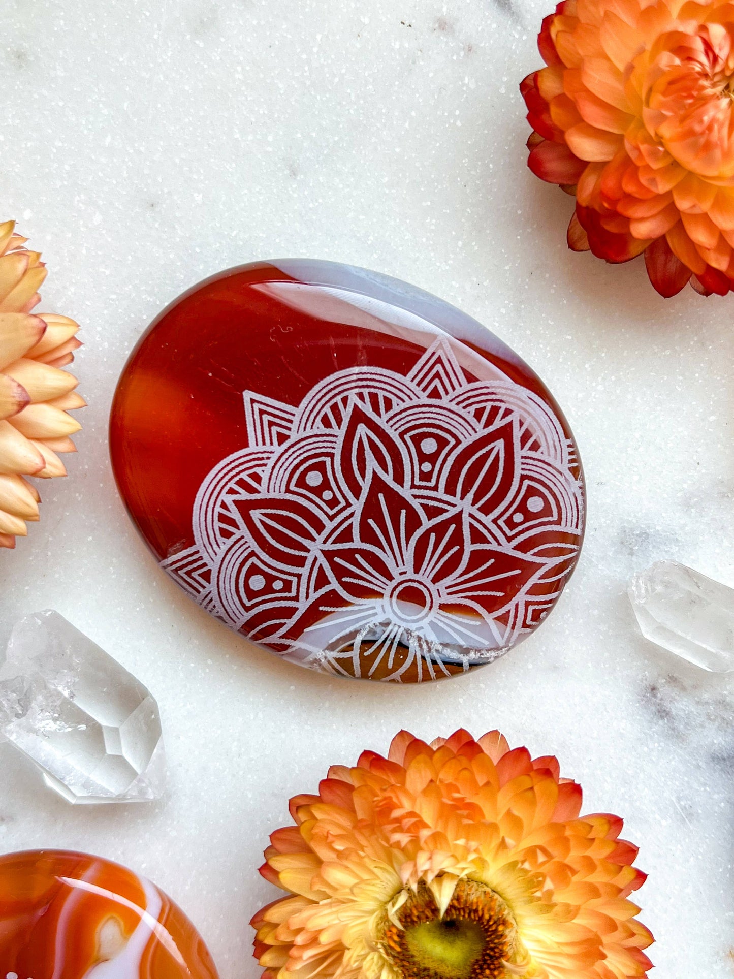 Etched Carnelian Worry Stone Palmstone - Assorted Mandalas