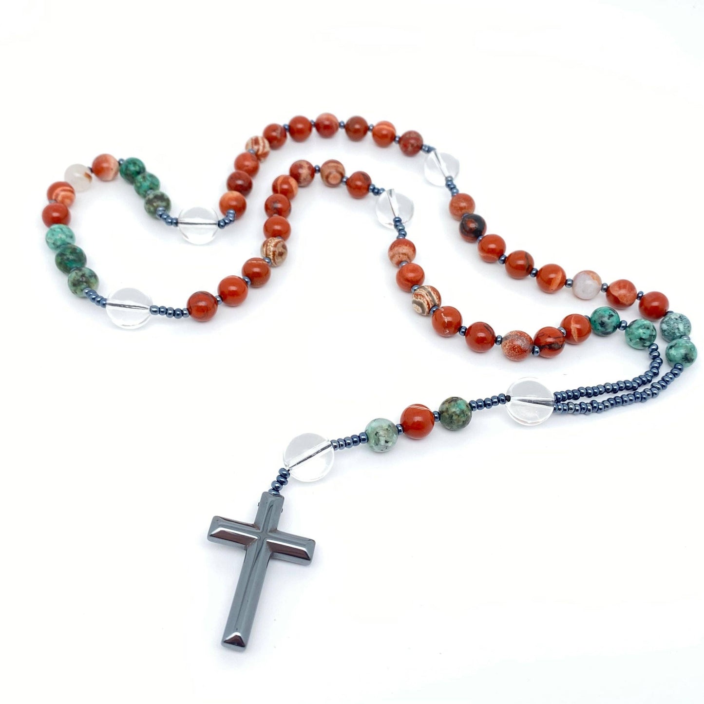 Redstone African Turquoise Beaded Necklace Cross Pendant -CS