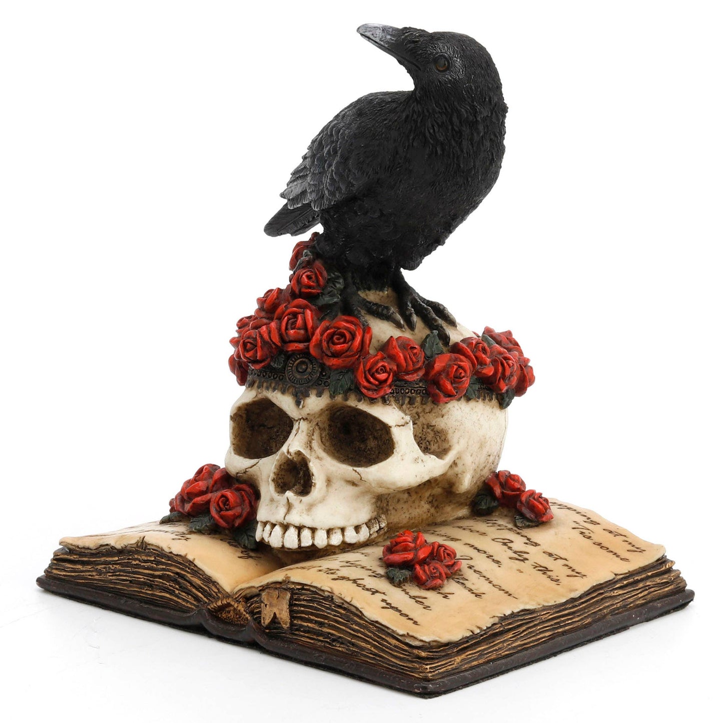 Crow Perching on Skull with Roses