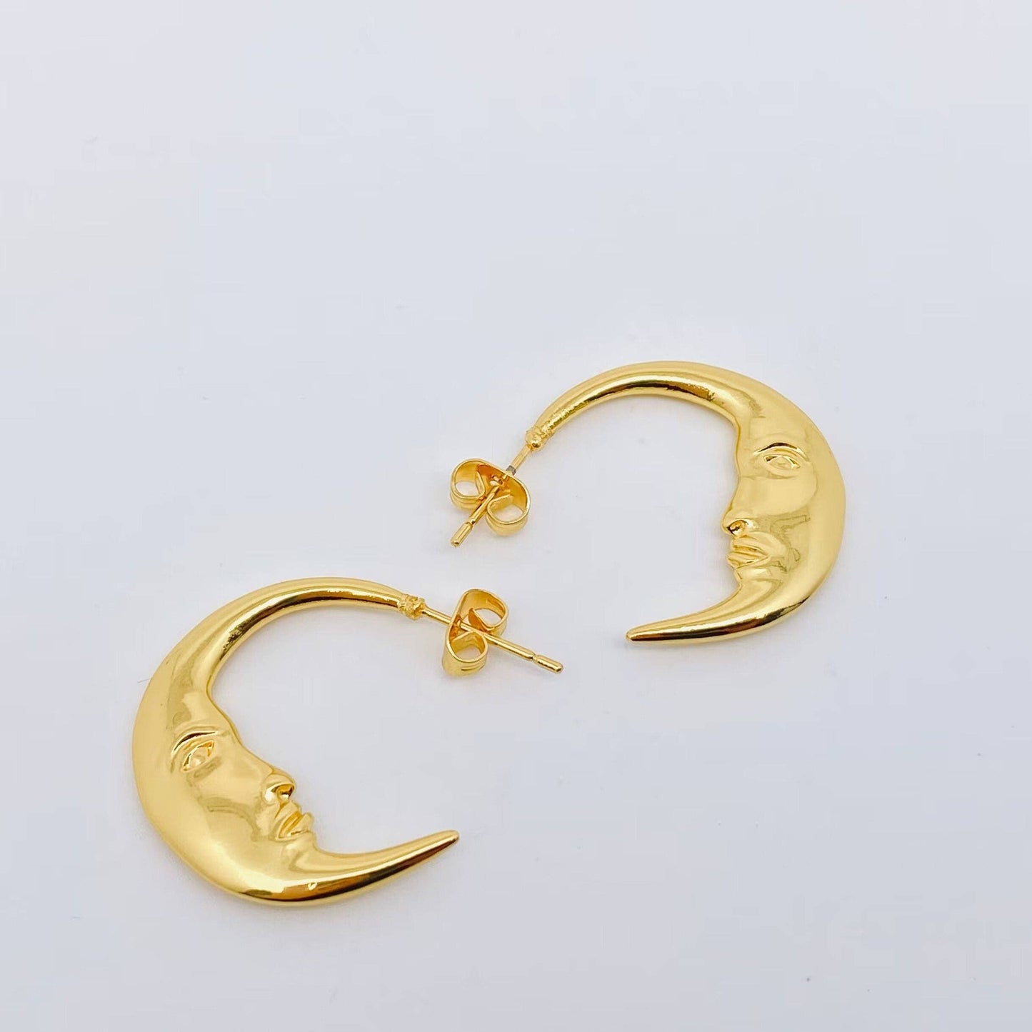 Earrings - Moon Face Gold Plated Hoop