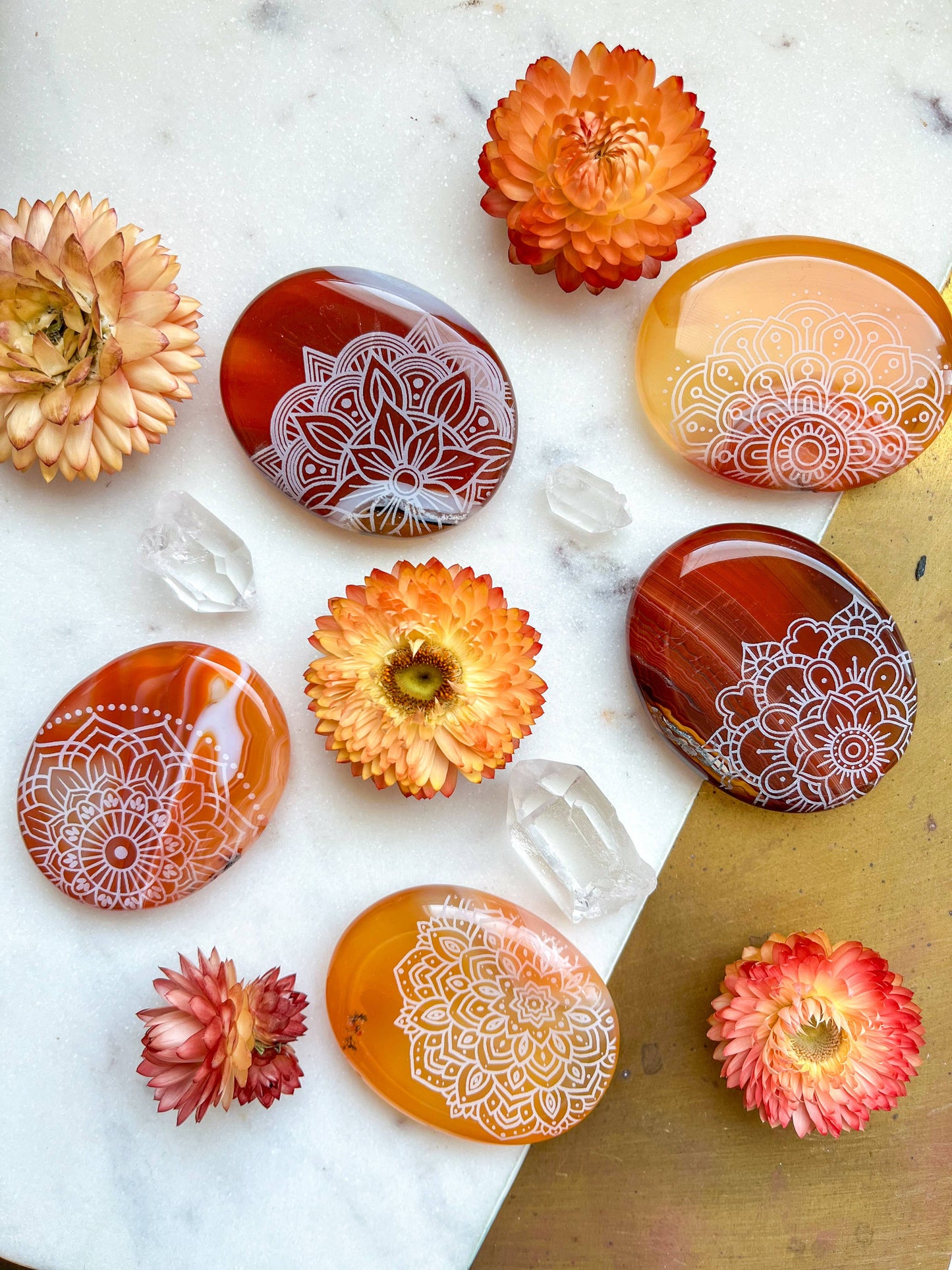 Etched Carnelian Worry Stone Palmstone - Assorted Mandalas