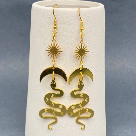 Star Moon Snake Linked Golden Dangle Earrings - MS