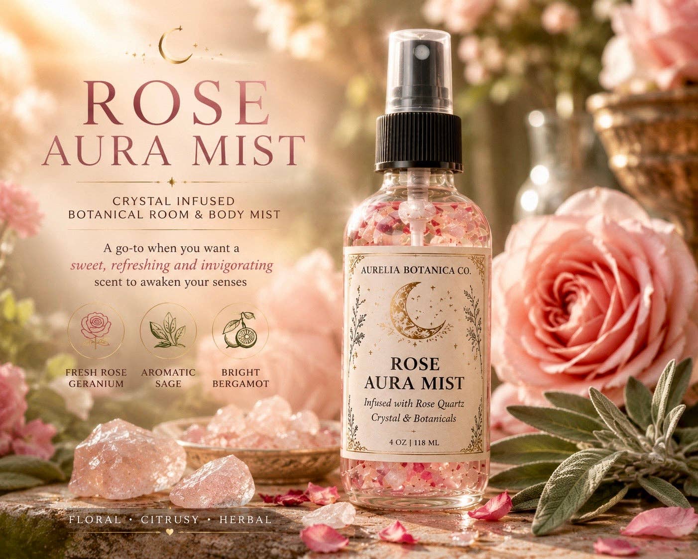Rose & Sage Moon Water | Crystal Infused Aura Mist for Cleansing, Protection & Heart Healing | Full Moon Ritual Spray | Energy Clearing Botanical Mist: 2 fl oz